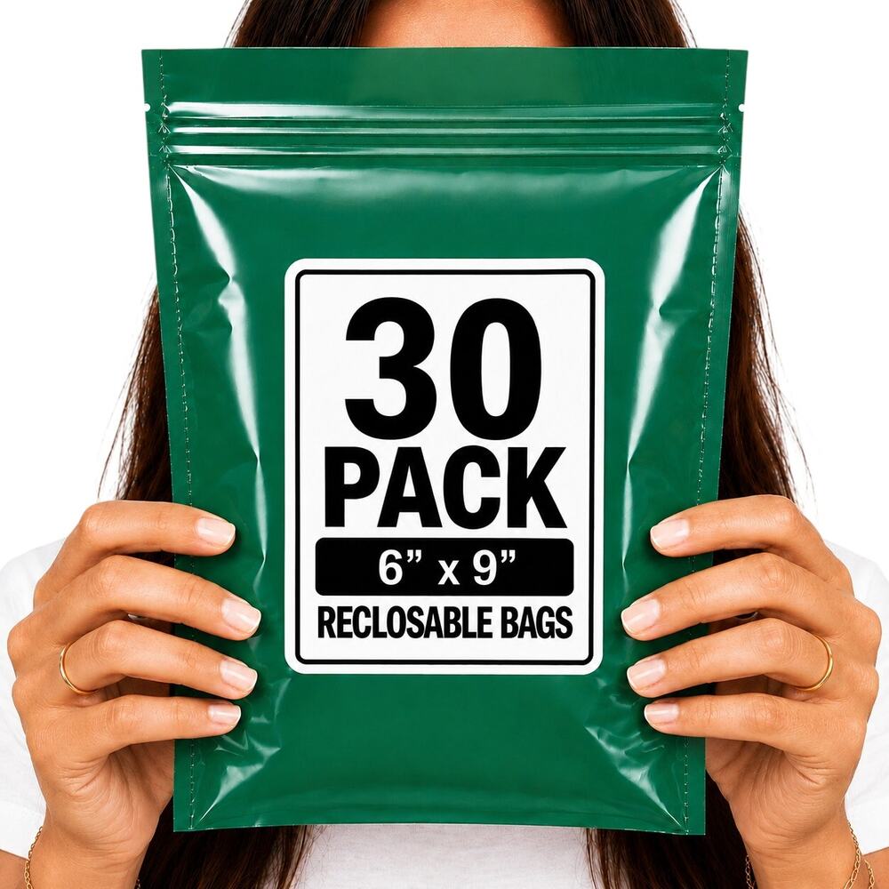 RECLOSABLE GREEN BAGS (30 PACK) 6" X 9" 2 MIL ZIPPER STORAGE BAGS NEW